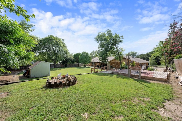 1121 Nola Ruth Blvd, Harker Heights, TX 76548 - fenced backyard featuring a wooden deck, a storage unit, and an outdoor fire pit