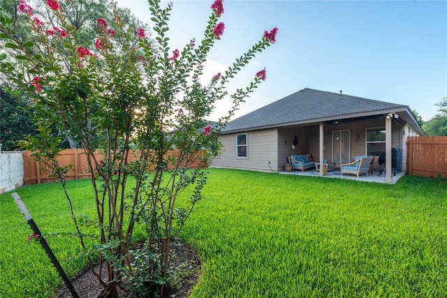 13920 Marathon Rd, Austin, TX 78717 - rear view of property featuring a fenced backyard, a patio, an outdoor hangout area, and roof with shingles