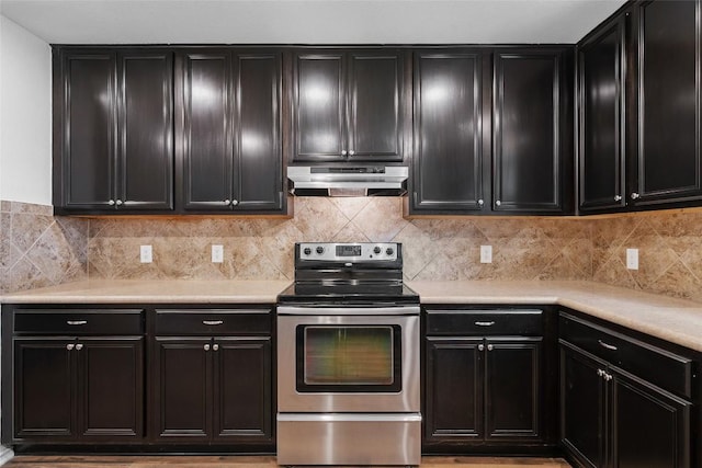 2017 Woodway Dr, Leander, TX 78641 - kitchen featuring electric stove, under cabinet range hood, dark cabinetry, light countertops, and backsplash