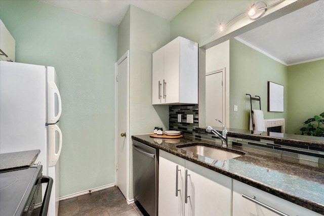 2804 Rio Grande St Unit 211, Austin, TX 78705 - kitchen featuring stainless steel dishwasher, electric stove, dark stone countertops, white cabinetry, and crown molding