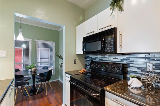 2804 Rio Grande St Unit 211, Austin, TX 78705 - kitchen featuring black appliances, tasteful backsplash, dark wood finished floors, white cabinetry, and pendant lighting