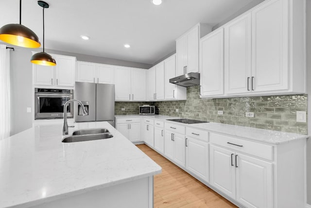 800 Sand Hill Branch Dr Unit 38, Austin, TX 78748 - kitchen with appliances with stainless steel finishes, under cabinet range hood, white cabinets, light wood-style floors, and tasteful backsplash