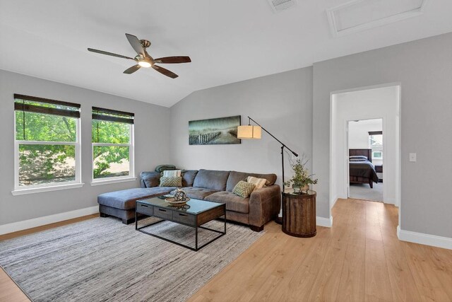 800 Sand Hill Branch Dr Unit 38, Austin, TX 78748 - living room with ceiling fan, light wood-style flooring, attic access, and vaulted ceiling