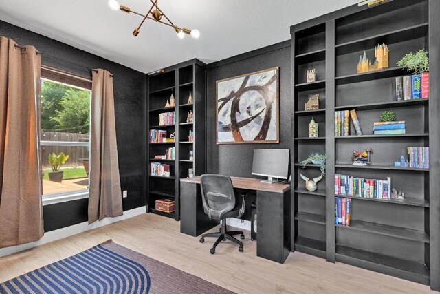 800 Sand Hill Branch Dr Unit 38, Austin, TX 78748 - office area with wood finished floors, a chandelier, and built in features