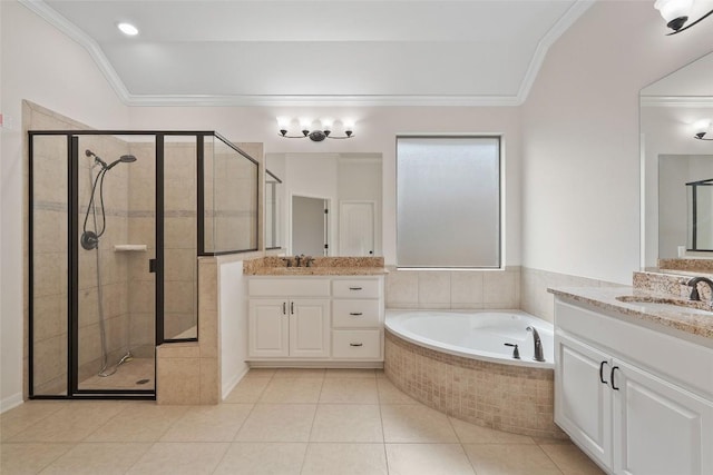 2508 Outlook Ridge Loop, Leander, TX 78641 - bathroom with ornamental molding, a shower stall, a garden tub, and two vanities
