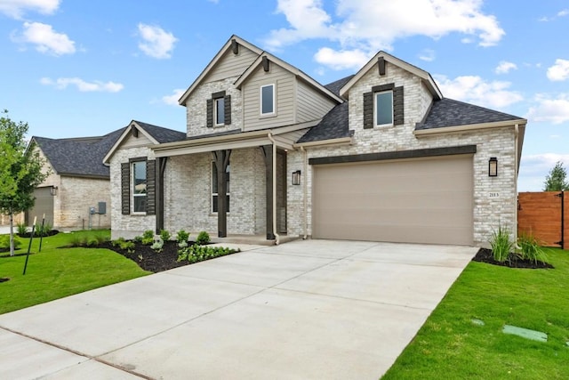 2113 Tobiano Trce, Georgetown, TX 78633 - view of front of home featuring a porch, concrete driveway, a shingled roof, brick siding, and a garage