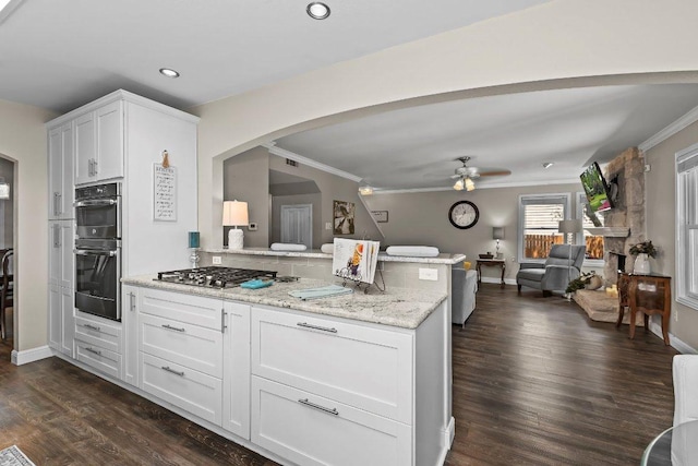 12403 Cassady Dr, Austin, TX 78727 - kitchen with appliances with stainless steel finishes, ceiling fan, arched walkways, open floor plan, and ornamental molding