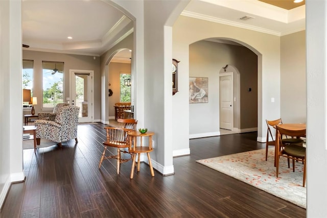 106 Packsaddle Dr, Bastrop, TX 78602 - dining space featuring ornamental molding, hardwood / wood-style floors, a raised ceiling, a ceiling fan, and recessed lighting
