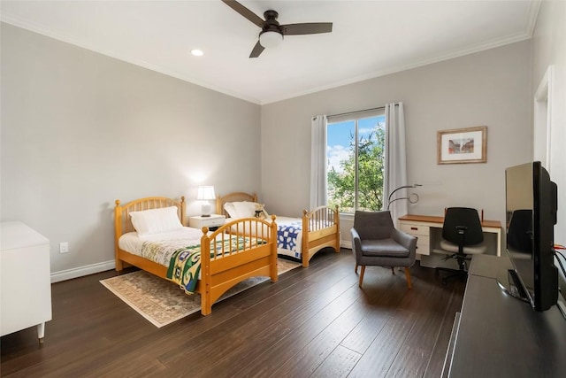 106 Packsaddle Dr, Bastrop, TX 78602 - bedroom featuring wood finished floors, ornamental molding, a ceiling fan, recessed lighting, and an office area