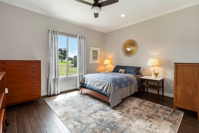 106 Packsaddle Dr, Bastrop, TX 78602 - bedroom with wood finished floors, crown molding, recessed lighting, and ceiling fan