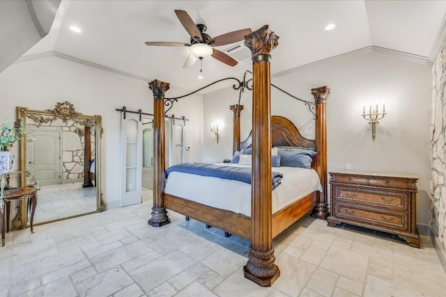 14305 Geronimo St, Leander, TX 78641 - bedroom featuring lofted ceiling, ornamental molding, stone tile floors, recessed lighting, and a ceiling fan