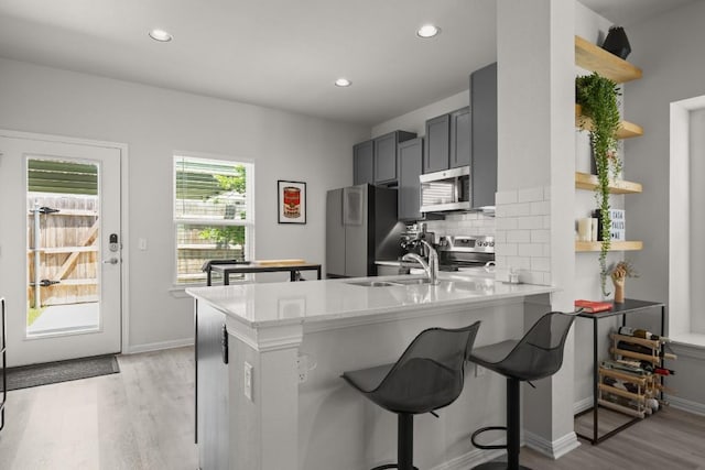 17202 Adoro Dr, Manor, TX 78653 - kitchen with appliances with stainless steel finishes, light wood-style flooring, open shelves, a peninsula, and recessed lighting