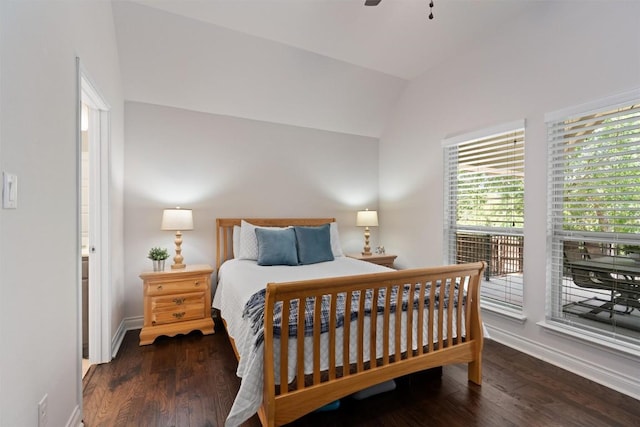 624 Judge Fisk Dr, Leander, TX 78641 - bedroom featuring access to exterior, wood finished floors, lofted ceiling, and a ceiling fan