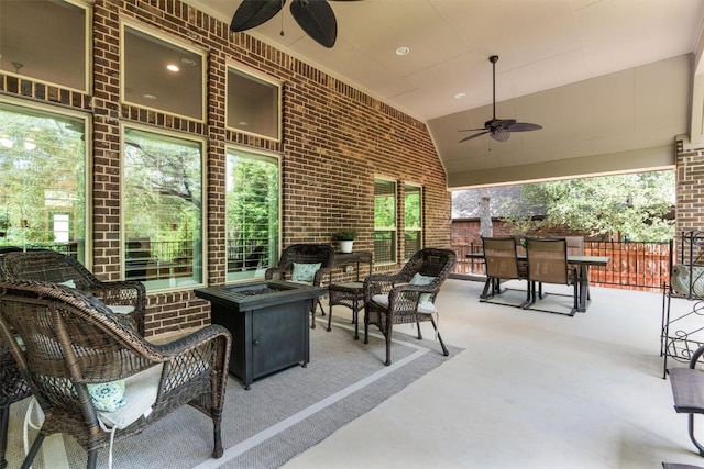 624 Judge Fisk Dr, Leander, TX 78641 - view of patio featuring ceiling fan, an outdoor living space with a fire pit, and outdoor dining space