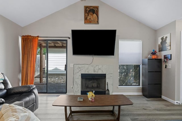 1821 Golden Pheasant Dr, Austin, TX 78758 - living room featuring wood finished floors, lofted ceiling, and a high end fireplace