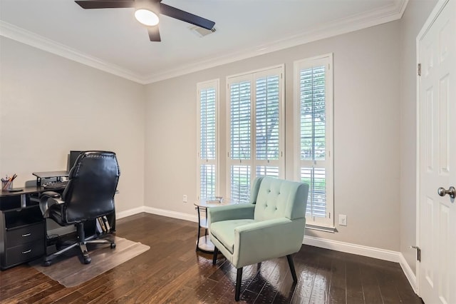 1406 Hunter Ace Way, Cedar Park, TX 78613 - home office with healthy amount of natural light, wood-type flooring, ornamental molding, and a ceiling fan
