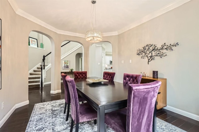1406 Hunter Ace Way, Cedar Park, TX 78613 - dining space featuring arched walkways, wood finished floors, stairway, and crown molding