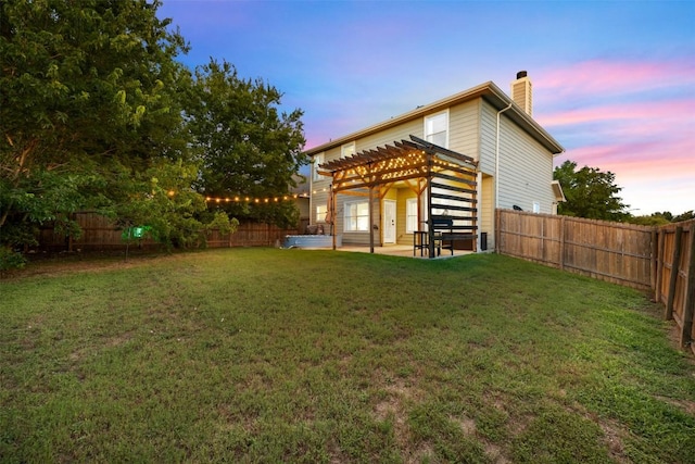 8701 Meridian Oak Ln, Austin, TX 78744 - yard at dusk featuring a pergola, a hot tub, a fenced backyard, and a patio