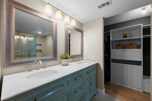 6110 Gardenridge Holw, Austin, TX 78750 - full bathroom featuring double vanity, wood finished floors, a shower with shower door, and a spacious closet