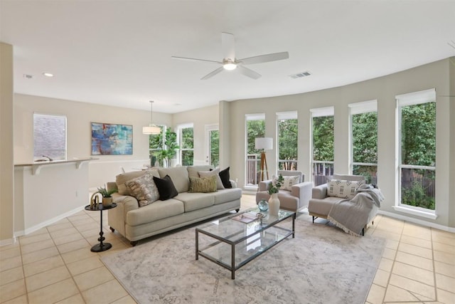 6520 Walebridge Ln, Austin, TX 78739 - tiled living area with a ceiling fan and recessed lighting