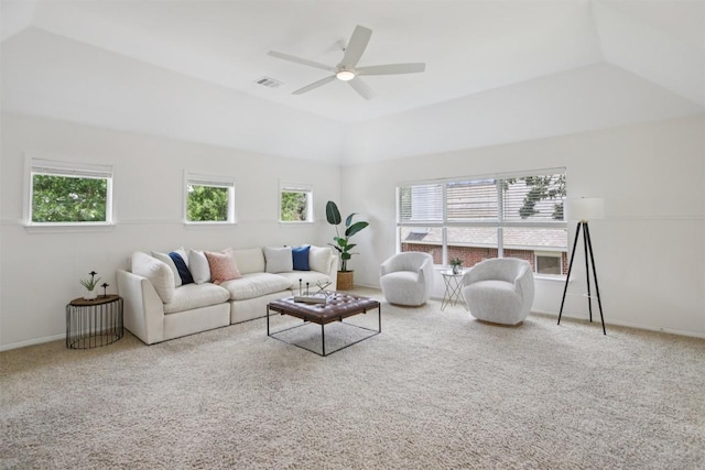 6520 Walebridge Ln, Austin, TX 78739 - carpeted living room featuring ceiling fan and lofted ceiling