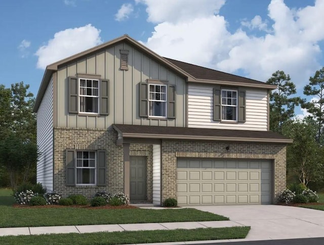 127 Bridgeview Dr, Hutto, TX 78634 - view of front facade featuring brick siding, board and batten siding, a garage, and concrete driveway