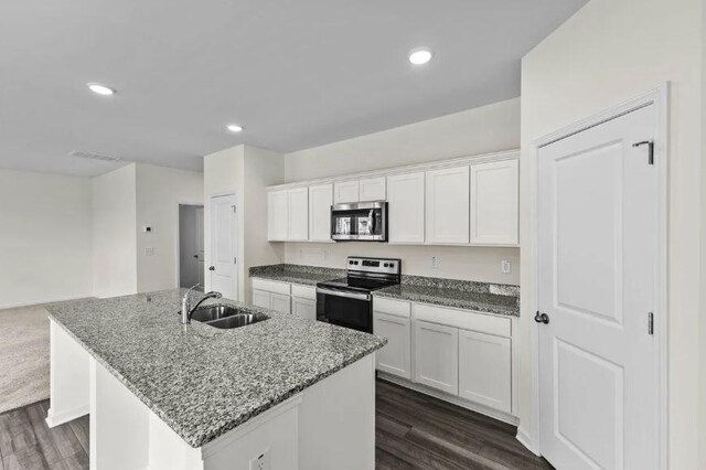 127 Bridgeview Dr, Hutto, TX 78634 - kitchen featuring stainless steel appliances, white cabinetry, stone counters, dark wood-style flooring, and recessed lighting