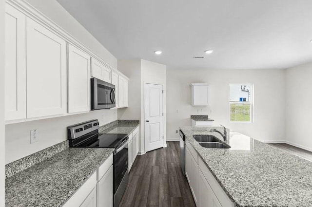 127 Bridgeview Dr, Hutto, TX 78634 - kitchen featuring appliances with stainless steel finishes, dark wood finished floors, white cabinets, light stone counters, and recessed lighting