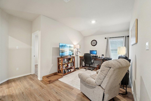 184 Pivot Dr, Taylor, TX 76574 - office area with light wood-type flooring, vaulted ceiling, and recessed lighting