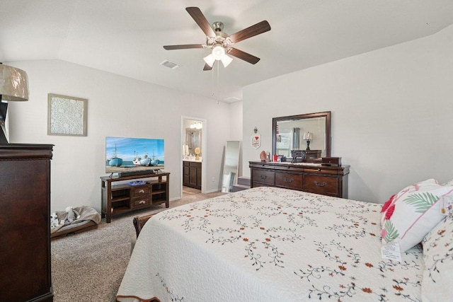 184 Pivot Dr, Taylor, TX 76574 - carpeted bedroom with a ceiling fan, lofted ceiling, and ensuite bath