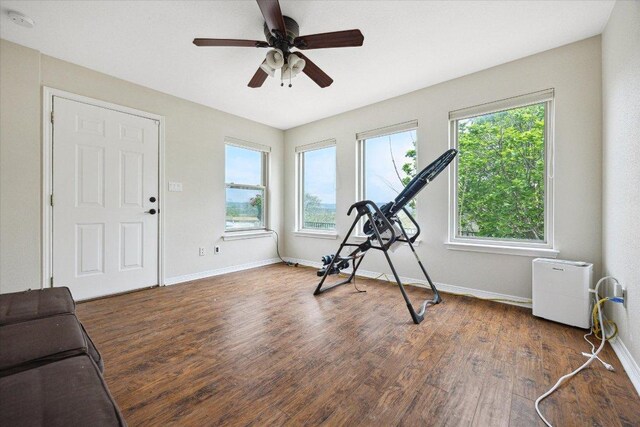 515 Wesley Ridge Dr, Spicewood, TX 78669 - workout area with wood finished floors and ceiling fan
