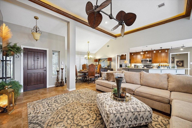 515 Wesley Ridge Dr, Spicewood, TX 78669 - living room with ornamental molding, a chandelier, high vaulted ceiling, and ceiling fan