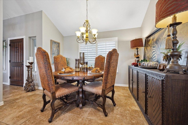 515 Wesley Ridge Dr, Spicewood, TX 78669 - dining space with a chandelier, lofted ceiling, and light tile patterned floors