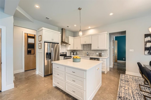 14708 Longbranch Dr, Austin, TX 78734 - kitchen featuring stainless steel appliances, wall chimney exhaust hood, concrete flooring, decorative backsplash, and light countertops