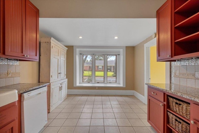 710 Gresham St, Smithville, TX 78957 - kitchen featuring dishwasher, backsplash, open shelves, light tile patterned floors, and recessed lighting