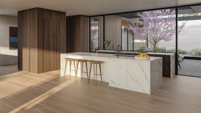 6507 Bridge Point Pkwy Lot 4, Austin, TX 78730 - kitchen with modern cabinets, light wood-style flooring, a large island with sink, and a kitchen bar