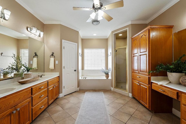 1806 Carey Ave, Taylor, TX 76574 - full bath with a garden tub, double vanity, a shower stall, ceiling fan, and crown molding
