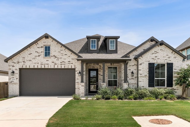 2935 Mckinnie Park, Bulverde, TX 78163 - french country inspired facade with a front lawn, brick siding, driveway, a garage, and a shingled roof