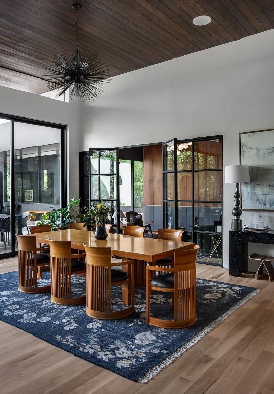 1001 Madrone Rd, West Lake Hills, TX 78746 - dining area with a chandelier, wood finished floors, and wooden ceiling