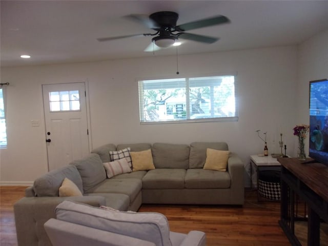 905 W Live Oak St, Austin, TX 78704 - living room with wood finished floors, ceiling fan, and recessed lighting