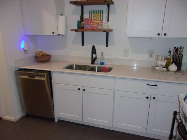 905 W Live Oak St, Austin, TX 78704 - kitchen with dishwasher, open shelves, white cabinets, and light countertops