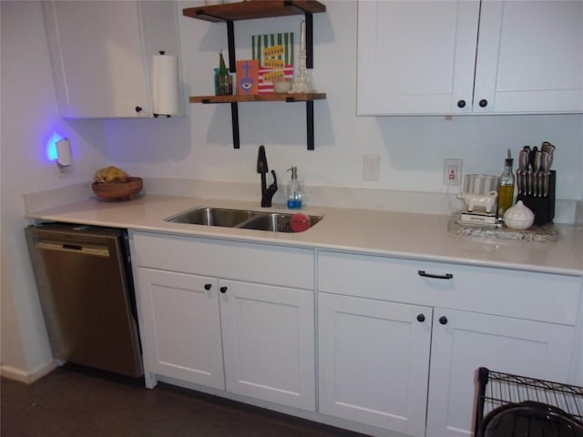 905 W Live Oak St, Austin, TX 78704 - kitchen featuring stainless steel dishwasher, open shelves, white cabinets, and light countertops