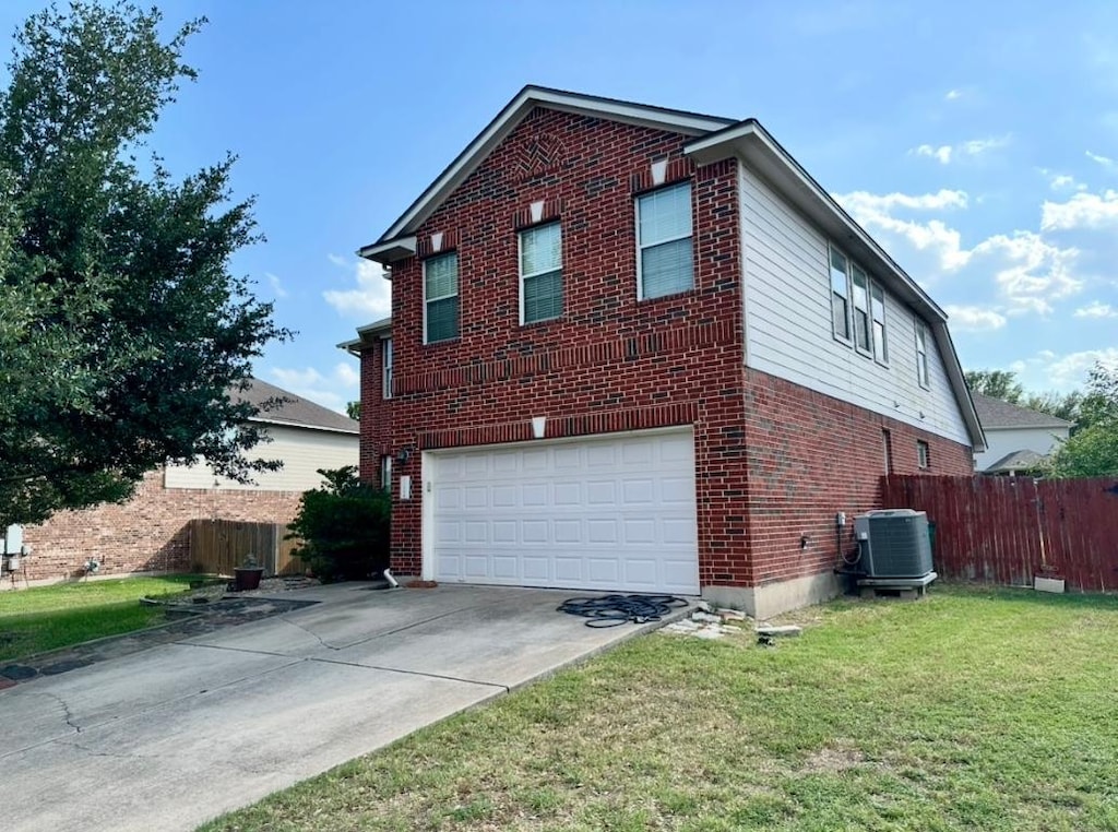 21008 Hallbrook Ln, Pflugerville, TX 78660 - view of side of home featuring brick siding, a garage, and concrete driveway