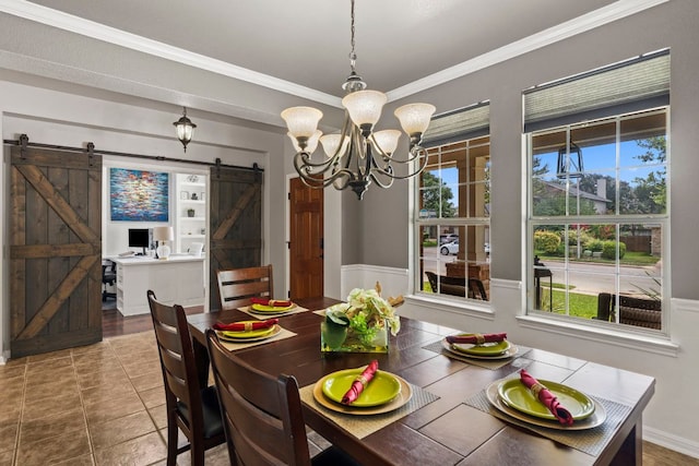 1600 Grand Falls Dr, Cedar Park, TX 78613 - tiled dining room with a barn door, a chandelier, crown molding, and healthy amount of natural light