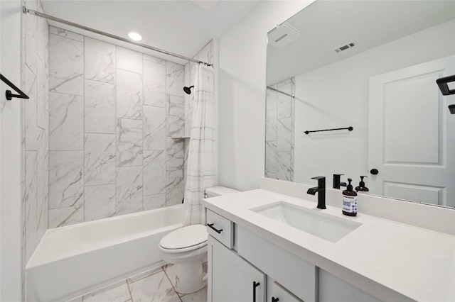 149 Beryl Way, Dripping Springs, TX 78620 - bathroom with marble finish floors, vanity, shower / bath combo, and recessed lighting