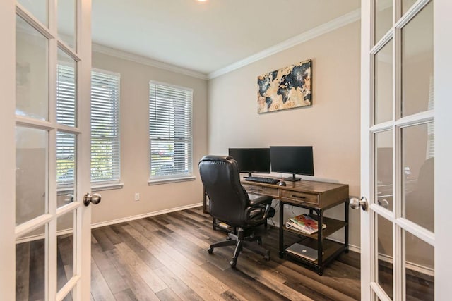 501 Goat Willow Ln, Georgetown, TX 78626 - home office featuring french doors, crown molding, and dark wood-style floors