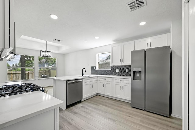 1105 Madrone Trl, Leander, TX 78641 - kitchen featuring stainless steel appliances, white cabinets, a peninsula, light countertops, and recessed lighting