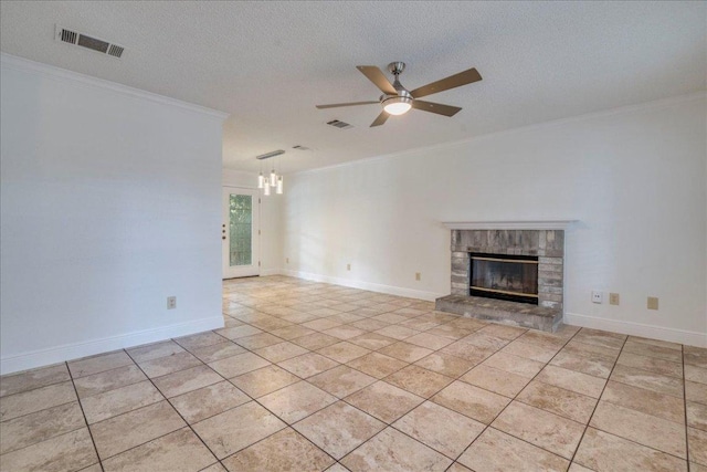 1705 Timberwood Dr, Cedar Park, TX 78613 - unfurnished living room with a ceiling fan, ornamental molding, a fireplace, light tile patterned floors, and a chandelier