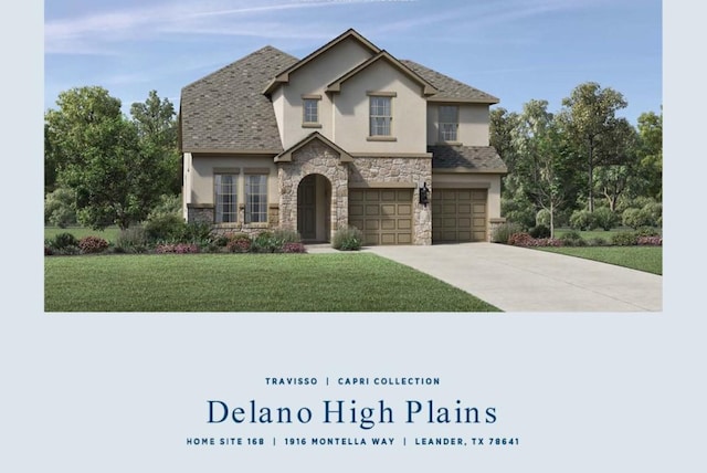 1916 Montella Way, Leander, TX 78641 - view of front of property featuring stone siding, stucco siding, concrete driveway, a front yard, and a garage
