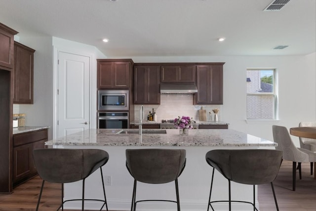 1916 Montella Way, Leander, TX 78641 - kitchen with appliances with stainless steel finishes, under cabinet range hood, light wood-style flooring, a breakfast bar, and an island with sink